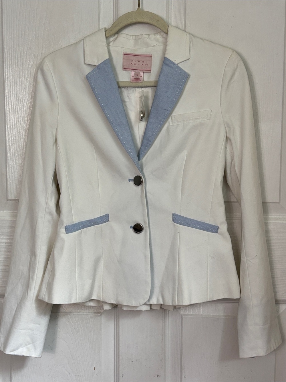 NEW Pink Tartan White Blazer Light Blue Trim Pleated back tailored fit size 6